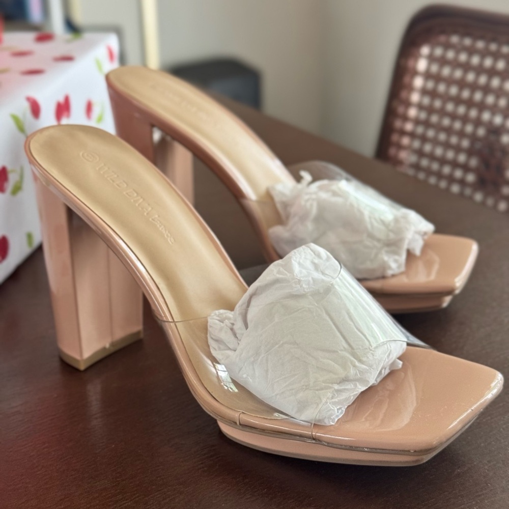 NEW “Wild Diva” Clear Strap Nude Block Heeled Mules